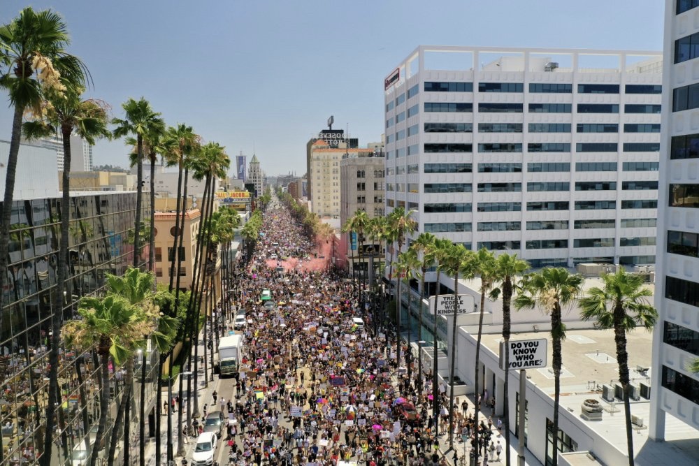 People marching down a street
