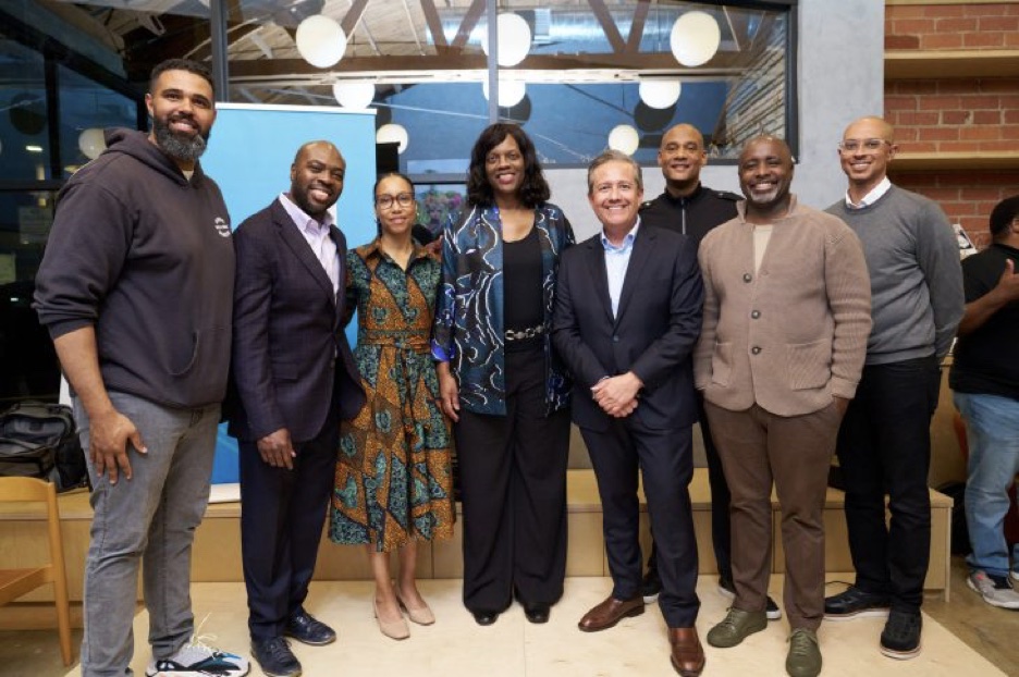 From left are Prophet Walker, co-founder and CEO of Treehouse; Marc Philpart, CBFF executive director; Joanna S. Jackson, interim president & CEO, Weingart Foundation; Ambassador Crystal Nix-Hines, CCF board member; Miguel Santana, CCF president & CEO; Karim Webb, CCF board member; L.A. Council President Pro Tempore Marqueece Harris-Dawson, and Jason Foster, president and COO, Destination Crenshaw. (Leroy Hamilton)