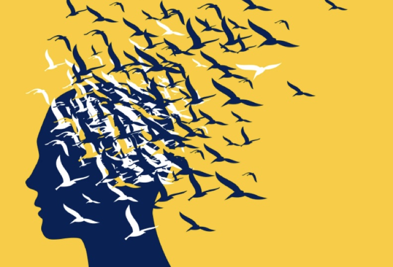 graphic of a person in blue with a yellow background and their head dissolving into flying birds