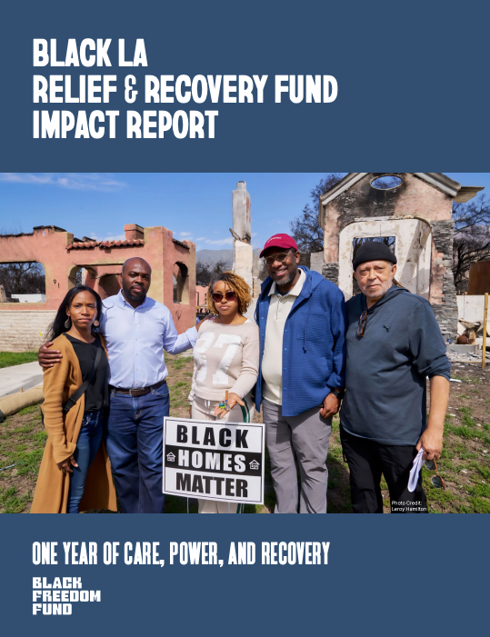 Impact Report cover - group of black men and women in front of burned down homes in Alta Dena, California