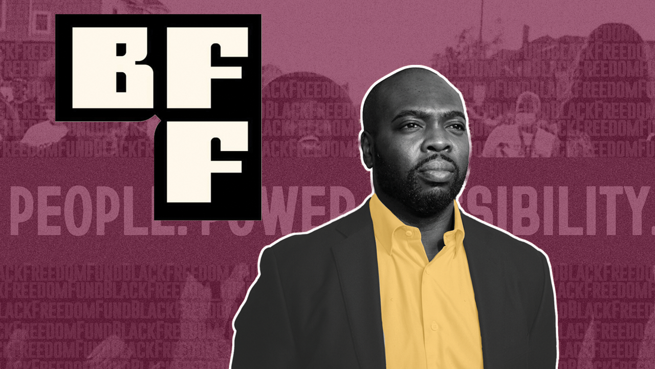 a cut out black and white image of BFF executive director on a maroon background with BFF icon logo in top left corner