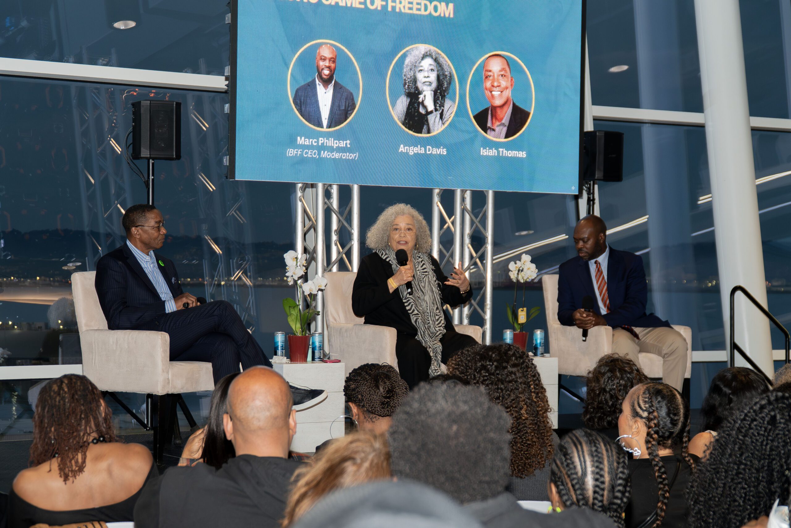 NBA legend Isiah Thomas, Renowned activist Angela Davis and BFF President Marc Philpart in conversation during a panel